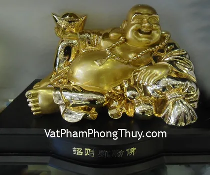 Phật di lạc vàng bóng tay cầm hồ lô vàng túi tiền vàng trên đống vàng - Chiêu Tài Nạp Phước LN189