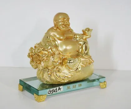 Phật di lạc vàng ngồi trên túi tiền đế thủy tinh - Phật tụ tài G141A