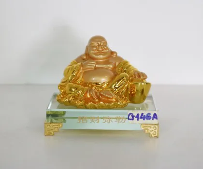 Phật di lạc vàng tay vịn nén vàng lớn đế thủy tinh - Chiêu tài tích lạc G146A