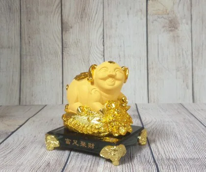 Vua heo vàng kim sa trên túi vàng lớn đế thuỷ tinh đen - Phú Túc Tụ Tài FLN037