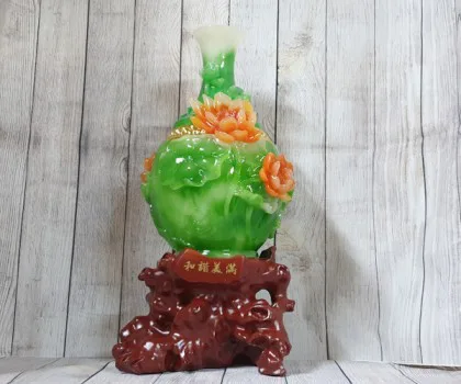 Bình tài lộc xanh ngọc viền vàng hoa sen đỏ ngọc đế gỗ nghệ thuật khủng - Hoà Hài Mỹ Mãn LN202