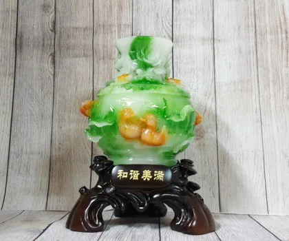 Bình tài lộc xanh ngọc trắng chạm uyên ương sen hồng đế gỗ nghệ thuật lớn - Hoà Hài Mỹ Mãn LN203
